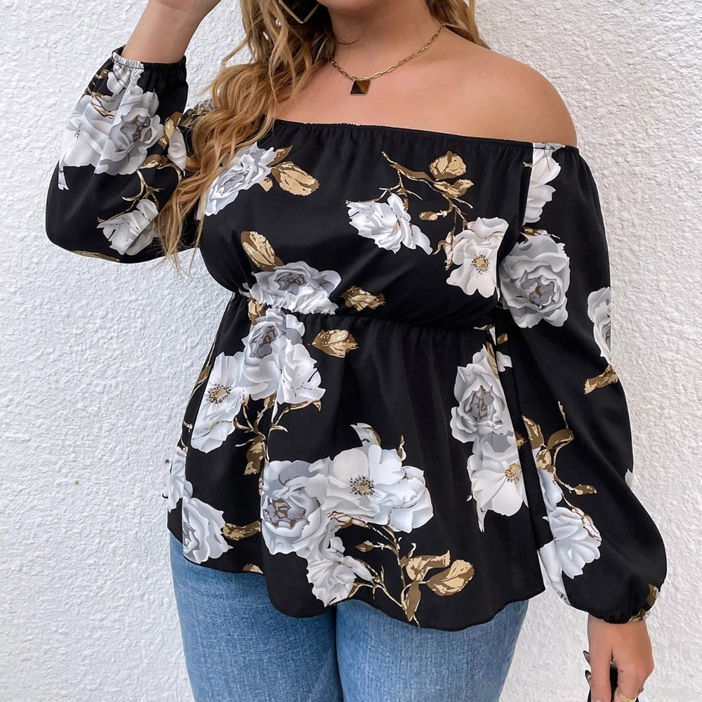 Boho Plus Floral Print Off Shoulder Cottagecore Top - Picture 3 of 9
